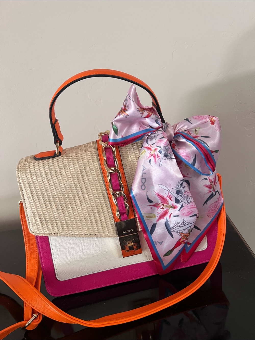 ALDO Pink, Orange & Cream Woven-Top Satchel with Floral Bag Scarf